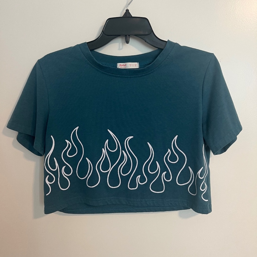 Blue short sleeve shirt with flames